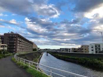 Bridge over river by buildings in city against sky