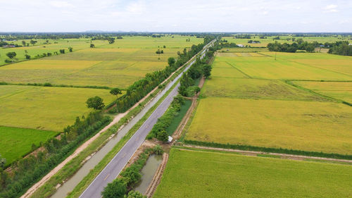 High angle view of agricultural field against sky