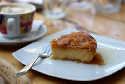 Close-up of dessert served on table