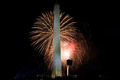 The washington monument in the foreground of a fireworks display on the 4th of july