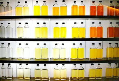 Full frame shot of bottles on rack