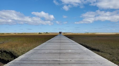 Boardwalk on field against sky