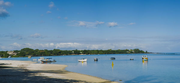 Sailboats moored on sea against blue sky