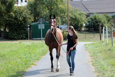 Full length of young woman with horse walking at park