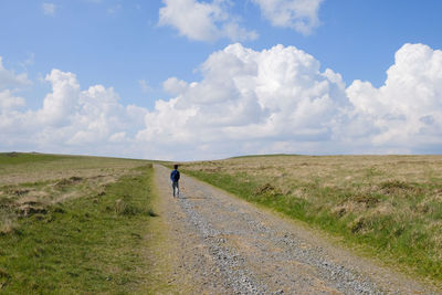 Rear view of man walking on field against sky