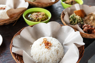 High angle view of food in plate on table