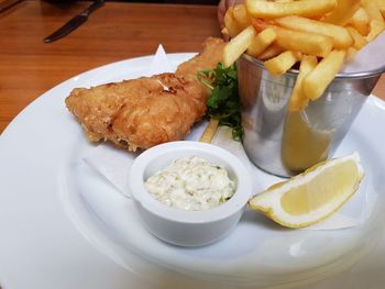 High angle view of food in plate on table