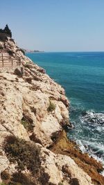 Scenic view of sea against clear blue sky