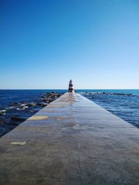 Rear view of man looking at sea against clear sky