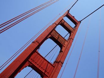 Low angle view of suspension bridge against clear blue sky