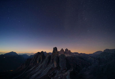 Scenic view of mountains against sky at night