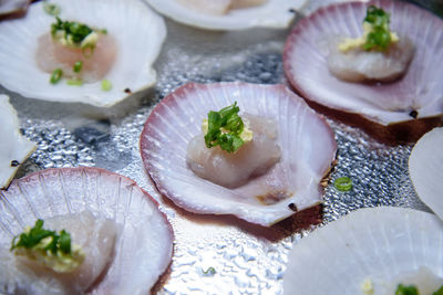 High angle view of fish in plate on table