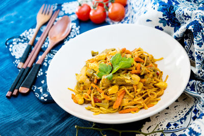 High angle view of food in plate on table