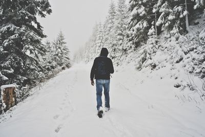 Rear view of man walking on snow covered field