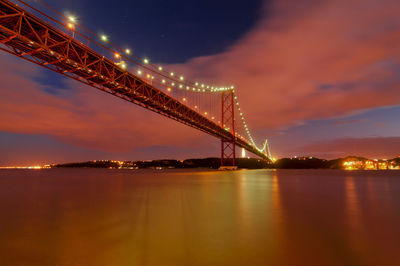 Suspension bridge over river at night