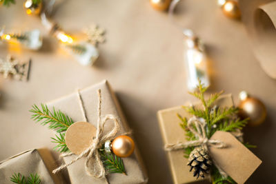 High angle view of christmas tree on table