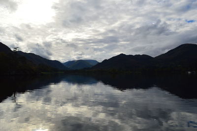 Scenic view of lake and mountains against cloudy sky