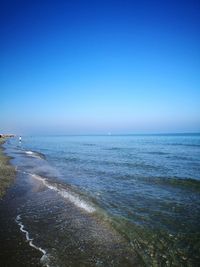 Scenic view of sea against clear blue sky