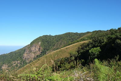 Scenic view of mountains against clear blue sky