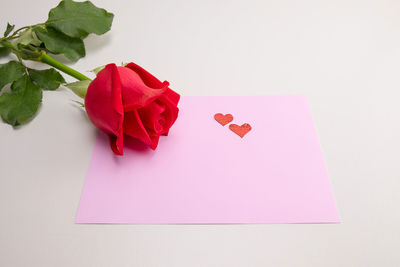 Close-up of red rose over heart shape on white background