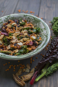 High angle view of vegetables in bowl on table