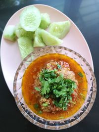 High angle view of soup served on table