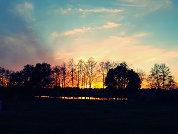 Silhouette trees on field against sky during sunset