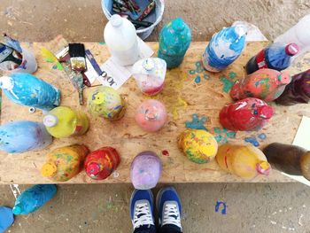 Low angle view of multi colored shoes