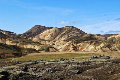 Scenic view of rocky mountains against sky landmannalaugar