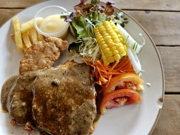 High angle view of food in plate on table