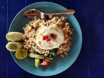 High angle view of breakfast served on table