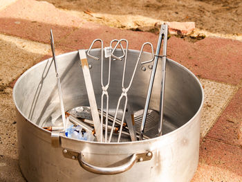 High angle view of meat in container