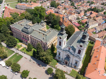 High angle view of buildings in town