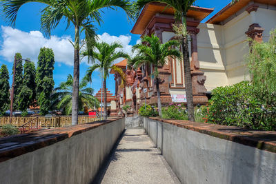 Footpath amidst palm trees and buildings against sky