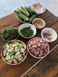 High angle view of chopped vegetables on table