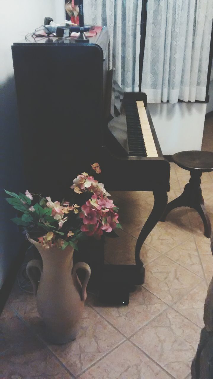 flower, indoors, table, vase, chair, home interior, potted plant, freshness, furniture, petal, sunlight, high angle view, decoration, day, plant, sitting, fragility, shadow, sofa, no people