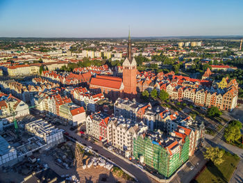 High angle view of townscape against sky in city