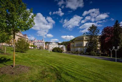 Houses and trees by buildings against blue sky