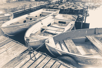 High angle view of abandoned boat moored at shore