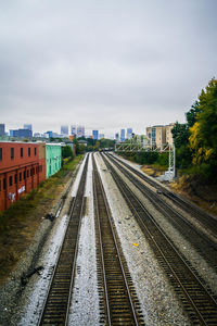 Railroad tracks by buildings in city against sky