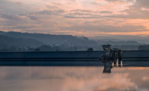 Scenic view of lake against sky during sunset