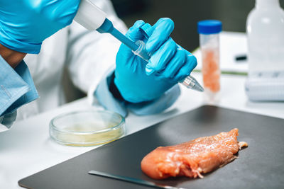 Antibiotics in poultry meat. quality control expert testing chicken meat sample