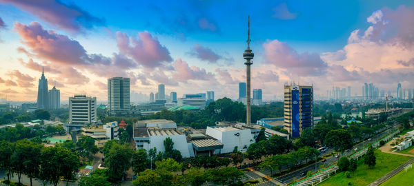 Panoramic view of buildings against cloudy sky