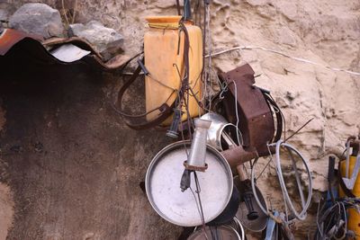 Close-up of clothes hanging on wall