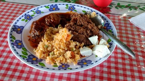 Close-up of meal served on table