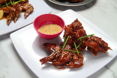 High angle view of food in plate on table