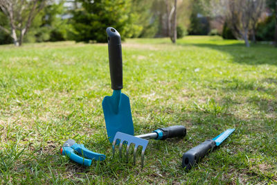 Close-up of toy on field in park