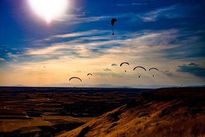 Flock of birds flying over landscape against sky