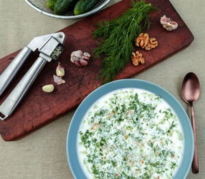 High angle view of chopped vegetables on table