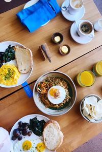 High angle view of breakfast served on table